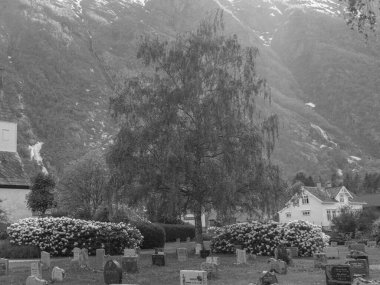 Norveç limanındaki küçük Eidfjord köyü
