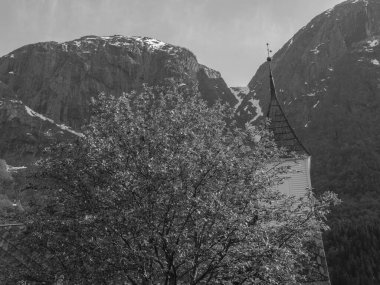 Norveç limanındaki küçük Eidfjord köyü
