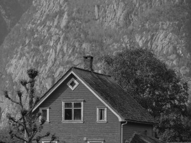 Norveç limanındaki küçük Eidfjord köyü