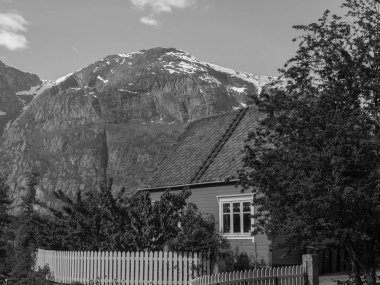 Norveç limanındaki küçük Eidfjord köyü