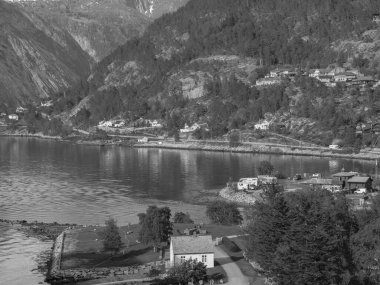Norveç limanındaki küçük Eidfjord köyü