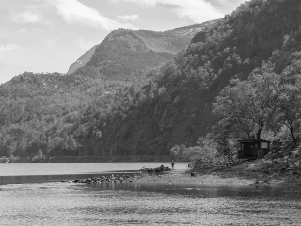 Norveç limanındaki küçük Eidfjord köyü