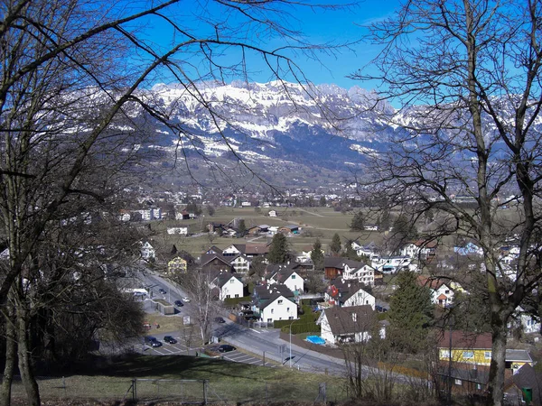 Werdenberg Schweiz Februari 2019 Snötäckta Alper Och Panoramautsikt Över Staden — Stockfoto