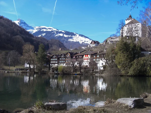 Werdenberg Szwajcaria Luty 2019 Niebiański Widok Jezioro Tradycyjnymi Starymi Budynkami — Zdjęcie stockowe