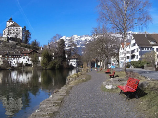 Werdenberg Suisse Février 2019 Vue Céleste Sur Lac Avec Vieux — Photo