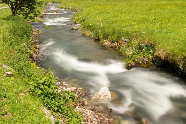 Appenzell Švýcarsko Června 2021 Malá Řeka Teče Hor Zeleném Poli — Stock fotografie