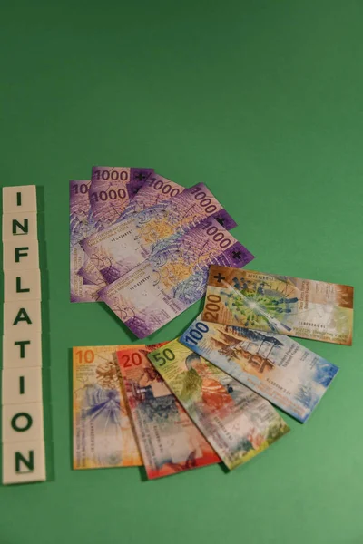 Vaduz Liechtenstein 2021 November Játékszámlák Svájci Pénznemben Infláció Szó Zöld — Stock Fotó