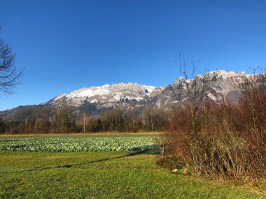 Schaan, Lihtenştayn, 9 Kasım 2021. Kar, güneşli bir günde güzel bir kırsalın arkasındaki dağ zirvelerini kapladı.