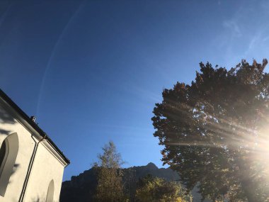 Schaan, Lihtenştayn, 27 Ekim 2021 Güneşin bir ağacın arkasında olduğu sabah manzarası