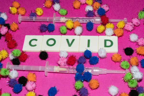 Vaduz Liechtenstein December 2021 Syringes Virus Particles Written Word Covid — Foto Stock