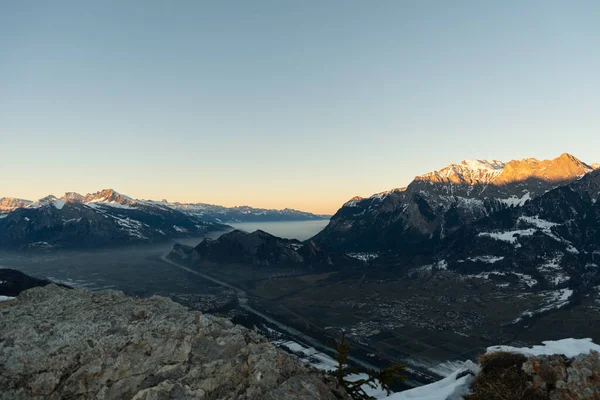 Landquart Switzerland December 2021 Fog Rhine Valley Sunset Seen Mount — стокове фото