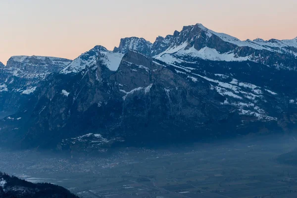 Landquart Switzerland December 2021 Fog Rhine Valley Sunset Seen Mount — Fotografia de Stock