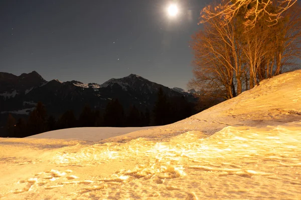 Saint Margrethenberg Switzerland December 2021 Full Moon Snow Covered Field — Stock Photo, Image