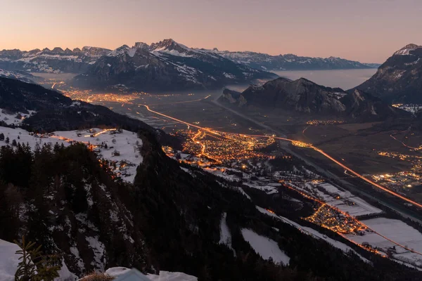 Landquart Switzerland December 2021 Illuminated Rhine Valley Sunset Seen Top — стокове фото
