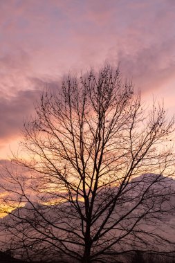 Vaduz, Lihtenştayn, 14 Aralık 2021 Dağların üzerinden gün batımından sonra Majestic bulut manzarası