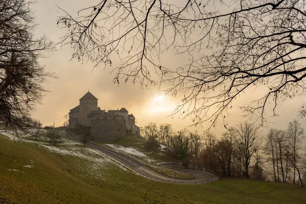 Vaduz Liechtenstein December 2021 Principal Historic Old Castle Foggy Scenery —  Fotos de Stock