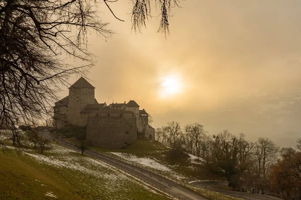 Vaduz Liechtenstein December 2021 Principal Historic Old Castle Foggy Scenery —  Fotos de Stock