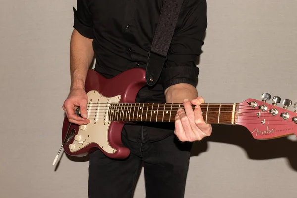 Vaduz Liechtenstein January 2022 Musician Plays Fender Stratocaster Usa Crafted — Stock Photo, Image