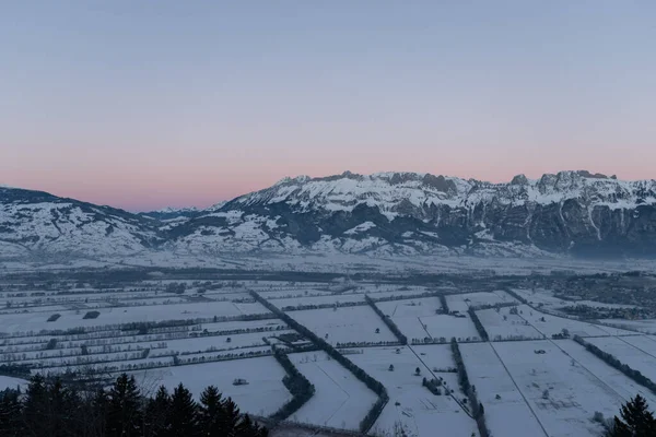 Planken Liechtenstein 2022 Január Télen Kora Reggel Fantasztikus Svájci Hegyi — Stock Fotó