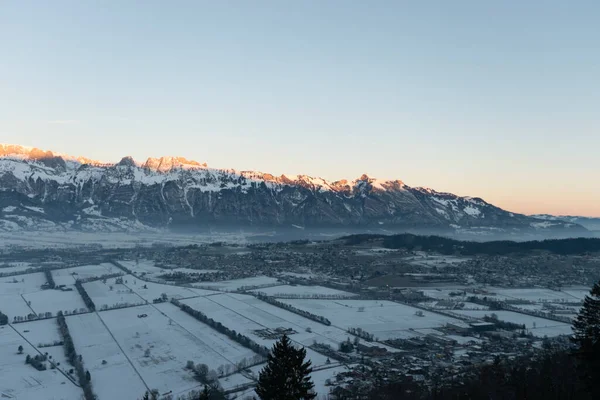Planken Liechtenstein 2022 Január Télen Kora Reggel Fantasztikus Svájci Hegyi — Stock Fotó
