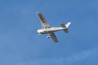 Saint Gallen, Altenrhein, Switzerland, February 12, 2022 Cessna 182 propeller plane just after take off from runway 28 clipart