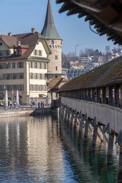 Lucerne Švýcarsko Března 2022 Slavný Starý Historický Kaple Most Přes — Stock fotografie