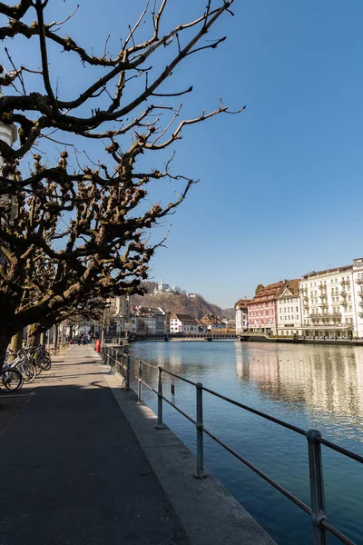 Lucerne Switzerland March 2022 Water Promenade Historic Buildings River Reuss — Stock Photo, Image