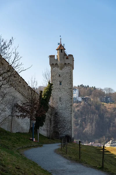 Lucerna Suíça Março 2022 Muro Histórico Musegg Torre Centro Cidade — Fotografia de Stock