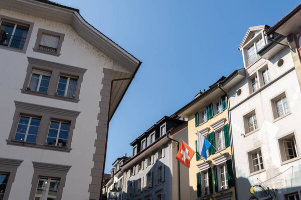 Lucerne, Switzerland, March 10, 2022 Historic architecture and buildings in the old part of the city center on a sunny day
