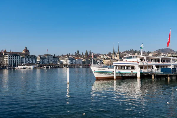 Lucerne Switzerland March 2022 Little Ship Lake Sunny Day — Stock Photo, Image