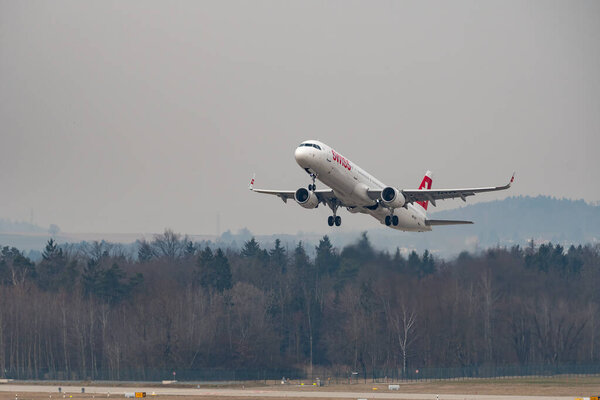 Zurich, Switzerland, March 2, 2022 Swiss International Airlines Airbus A321-212 aircraft is departing from runway 16