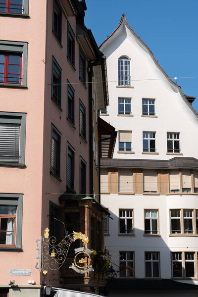 Saint Gallen, Switzerland March 9, 2022 Historic old buildings in the city center on a sunny day