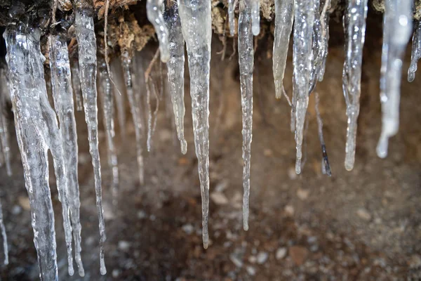 Davos Switzerland March 2022 Icicles Hanging Tiny Little Cave Winter — Stock Photo, Image