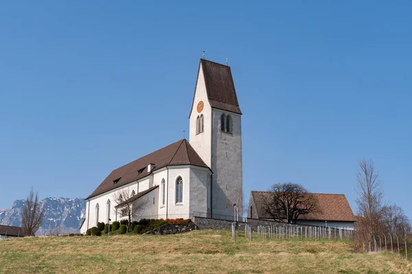 Bendern Liechtenstein March 2022 Old Catholic Church Little Hill Sunny — Stock Photo, Image