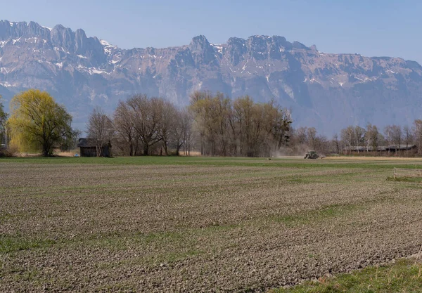 Schaan Liechtenstein Marca 2022 Widok Pole Uprawne Alpami Tle Wiosnę — Zdjęcie stockowe