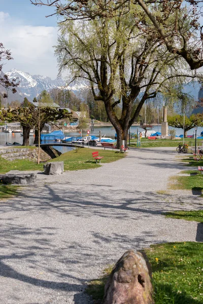 Weesen Switzerland April 2022 Pretty Park Coast Lake Walensee Spring — стоковое фото