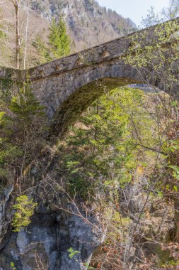 Riedern, Canton Glarus, İsviçre, 13 Nisan 2022 Küçük bir kanyon boyunca uzanan ormandaki tarihi taş köprü