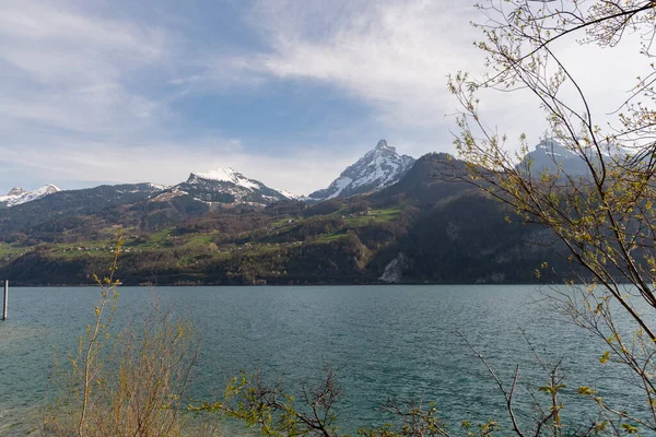 Weesen Sviçre Nisan 2022 Walensee Gölü Arka Plandaki Alpler Hakkında — Stok fotoğraf