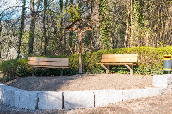 Schaan Liechtenstein Abril 2022 Jesucristo Cruz Pequeño Parque Bosque — Foto de Stock