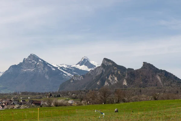 Maienfeld Grison Switzerland Квітня 2022 Чотири Гірських Вершини Позаду Свіжого — стокове фото