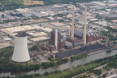 Heilbronn, Baden Wurttemberg, Germany, July 11, 2022 Power plant seen from above during a flight in a small plane