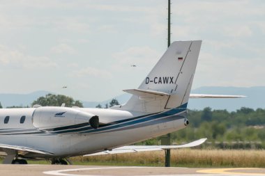 Lahr, Germany, July 9, 2022 Cessna 680 Citation Sovereign Plus aircraft is parking at the apron