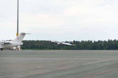 Nuremberg, Bavaria, Germany, July 9, 2022 Ryanair Boeing 737 aircraft is departing from runway 28
