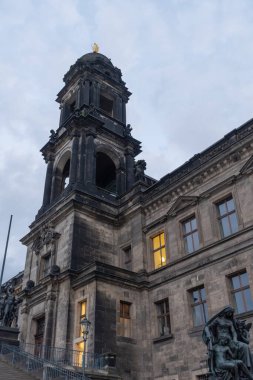 Dresden, Saxon, Germany, July 10, 2022 Historic bell tower in the old town in the late evening