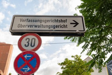 Muenster, Germany, July 9, 2022 Street sign shows the way to the constitutional court in the city center