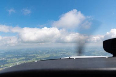 Baden Wurttemberg, Germany, July 8, 2022 Discovering the area in a small propeller plane