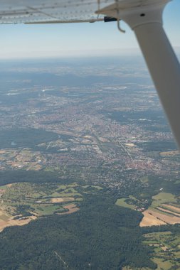 Karlsruhe, Germany, July 8, 2022 City center seen during a flight in a small plane