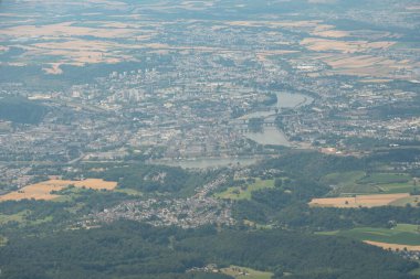 Rhineland Palatinate, Germany, July 9, 2022 View over the area of Koblenz from a small plane