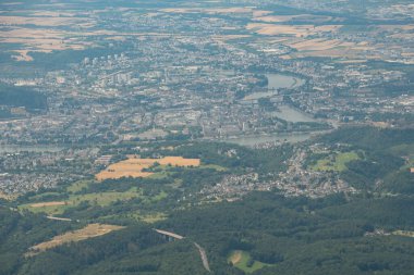 Rhineland Palatinate, Germany, July 9, 2022 View over the area of Koblenz from a small plane