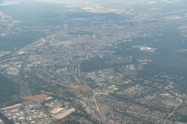 Karlsruhe, Germany, July 9, 2022 Flight abeam the city center in a small plane